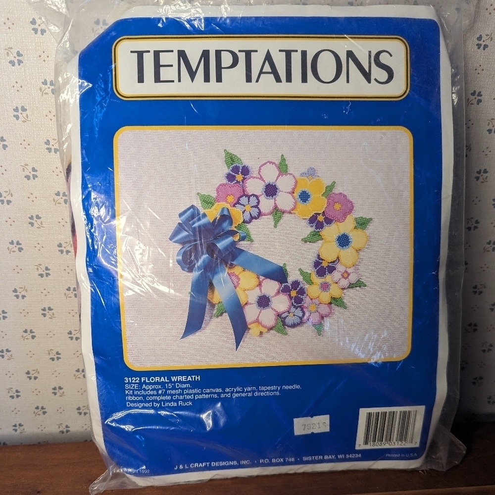 Temptations Needle work kit 1992 sealed NWOT. Plastic canvas, floral wreath bow